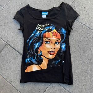 Wonder Woman DC Comics Graphic T-Shirt Black Rhinestone Cap Sleeve Y2K Large